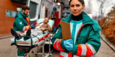 Ratowniczka medyczna oraz ambulans wraz z ratownikiem medycznym i pacjentem na noszach