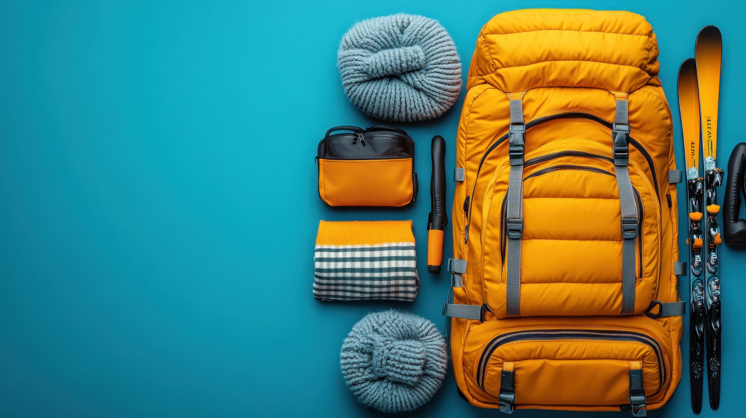 Plecak podróżny wraz ekwipunkiem na podróż oraz narty